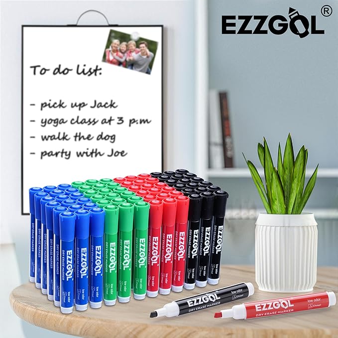 Ezzgol Dry Erase Markers Bulk, 72 Pack Basic Multi-color Red Blue Black Green Low Odor Whiteboard Markers, Chisel Tip Dry Erase Markers for Writing on Dry Erase Whiteboard for School, Office, Home