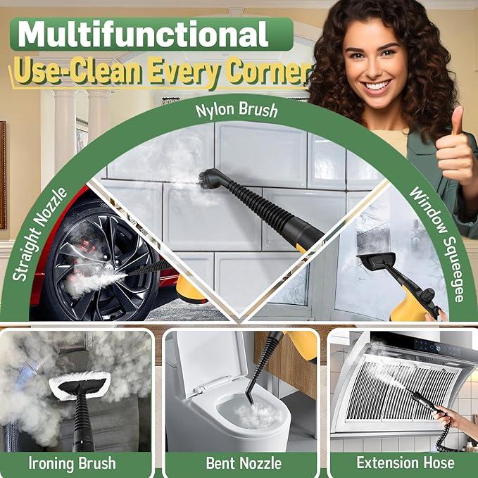 Pressurized Handheld Steam Cleaner for Home Deep Cleaning, Multi-Purpose Portable Steamer for Cleaning with 11 PCS Accessories for Dirt, Grease, Window, Car, Furniture, Bathroom, Couch, Tile and Grout