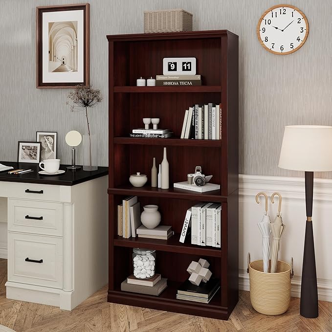 Bevfint Bookshelf, Open Storage 70 Inch Tall 5 Shelf Bookcase, Floor Standing Bookshelves and Bookcases, Book case for Farmhouse Library Office Bedroom Kids, Mahogany - 5 Tier