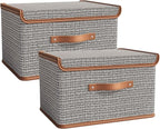 Tuza 2 Pack Storage Bins with Lids, Collapsible Closet Organizer Container, Fabric Organizer Box with Handles, Decorative Storage Boxes with Lids for Organizing Clothes, Sheet, Light Grey, Extra Large