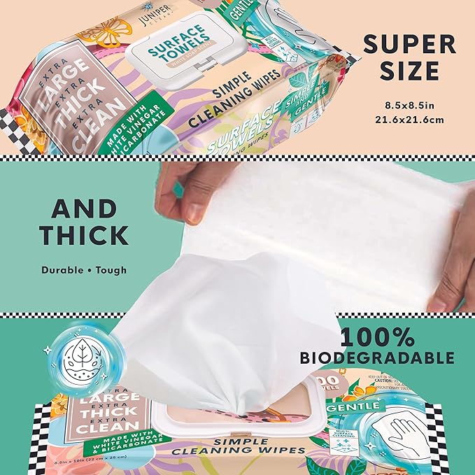 Juniper CLEAN 3 Packs Surface Cleaning Wipes, Thick & Large Dispose, All-Purpose Cleaner for Bathroom, Kitchen, Office, 300 Count Soft Flow, Biodegradable, White Soap Scent