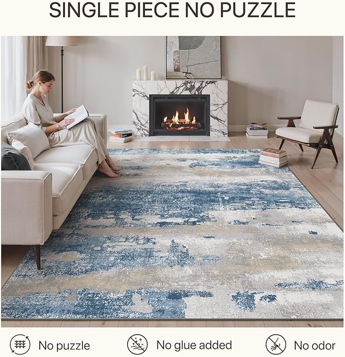 GENIMO No Crease Non Slip 6x9 Area Rugs for Living Room, Craft Woven Modern Abstract Rug, Soft Floor Carpet, Single-Piece Rugs for Bedroom, Dining Room, Office, Blue