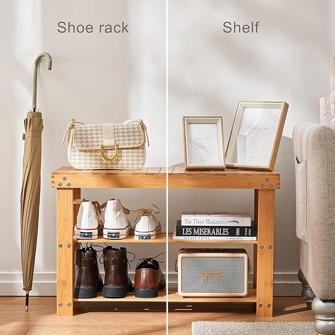 Pipishell 3 Tier Bamboo Shoe Rack Bench - Sturdy Shoe Organizer Holds up to 300lbs for Entryway, Bedroom, Living Room, Balcony