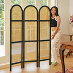 Svimi Room Divider and Folding Privacy Screens, Pine Wood 5.6 Ft Double Hinged Rattan Partition Freestanding Wall Room Divider for Home - 3 Panels