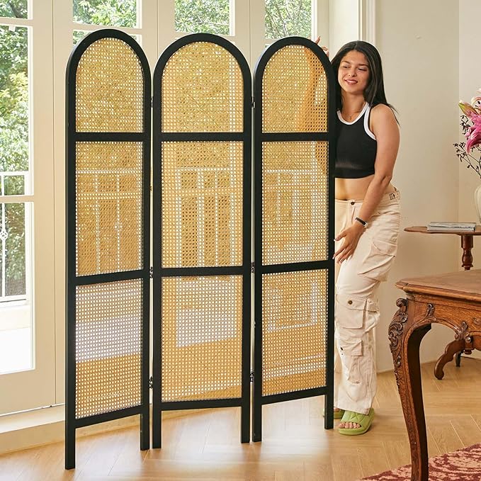 Svimi Room Divider and Folding Privacy Screens, Pine Wood 5.6 Ft Double Hinged Rattan Partition Freestanding Wall Room Divider for Home - 3 Panels