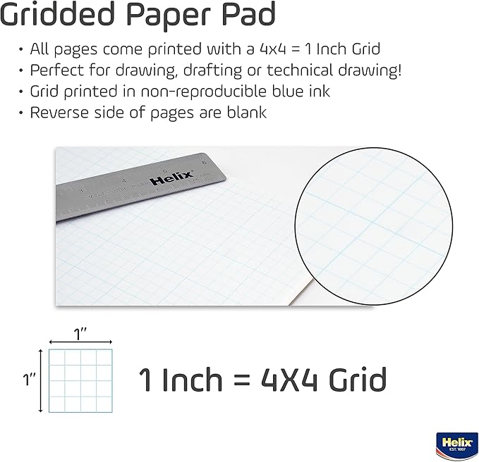 Helix - Bond Paper Pad - 1 Inch Equals 4x4 Grid - 11 Inch x 17 Inch - 50 Sheet Pad - Acid-Free - Drafting, Art, Sketching and Tracing