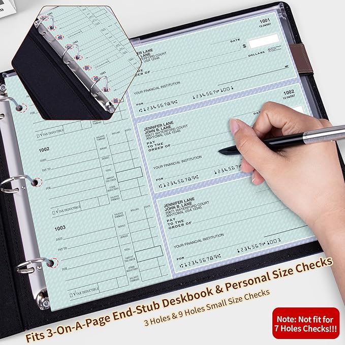Antner 3 Ring Personal Check Binder for 3-on-a-Page End-Stub Deskbook & Personal 3 Holes or 9 Holes Small Size Checks, PU Leather Check Holder Checkbook Binder Cover with Zipper Pouch, Coffee