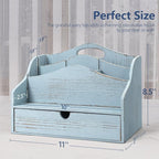 Rebee Vision Pine Wood Mail Organizer for Desk - Vintage Farmhouse Style Mail Organizer with Drawer & Dividers - 4-Slot Paper & Jewelry Sorter, Desktop Organizer for Exquisite Home Decor (Blue)