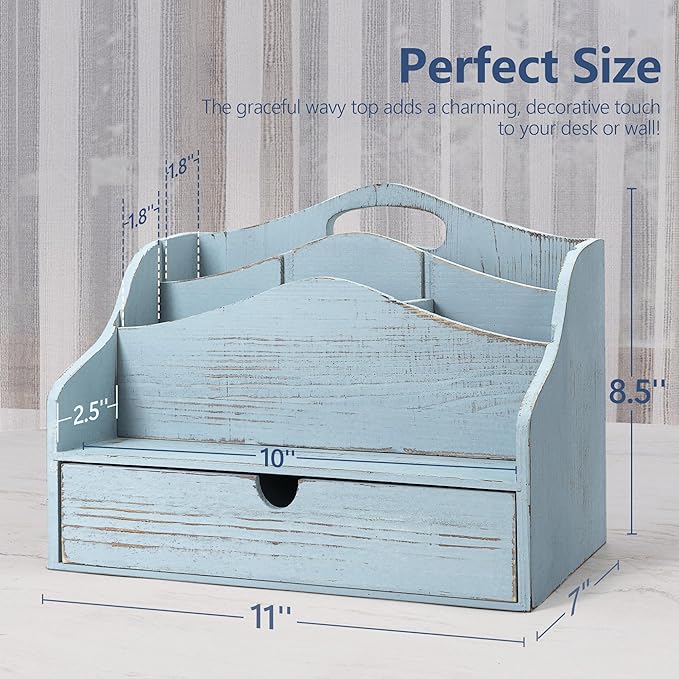 Rebee Vision Pine Wood Mail Organizer for Desk - Vintage Farmhouse Style Mail Organizer with Drawer & Dividers - 4-Slot Paper & Jewelry Sorter, Desktop Organizer for Exquisite Home Decor (Blue)
