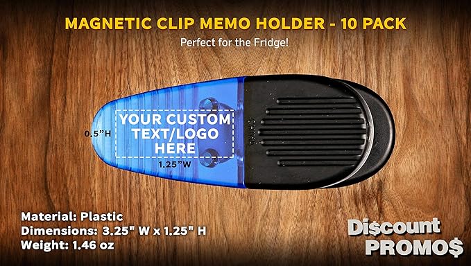 10 Magnetic Memo Holders Set - Customizable Text, Logo - Large Clip, Plastic - TBlue