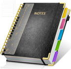 Hardcover Spiral Notebook Journal, 8"x10" Large B5 Notebooks with Removable Dividers Tabs, 300 Pages Leather 5 Subject Notebook College Ruled, Journal for Work School Note, 100 GSM Thick Paper,Black