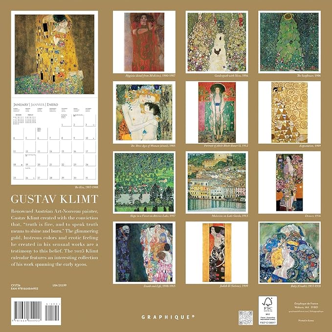 Graphique 2026 Klimt Wall Calendar | 12” x 12” | Thick Paper | Home & Office Organizer | Large Monthly Grid | 3 Languages & Marked Holidays | 4 Month Preview Page for 2027
