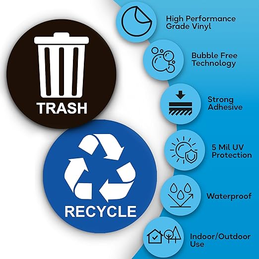 Recycle Stickers for Trash Bins - Perfect Recycling Sticker for Trash Can - 2 Pack - 5" x 5" Decal Logo - Ideal Label Sign for Home or Office Refuse Bin - Suitable for Indoor/Outdoor use