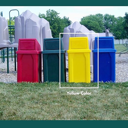 Sturdy Essentials Campus Collection 32 Gallon Square Slatted 100% Recycled Plastic Heavy-Duty Commercial Outdoor or Indoor Trash Can with Push Top Lid | Great for Schools and Businesses - Yellow