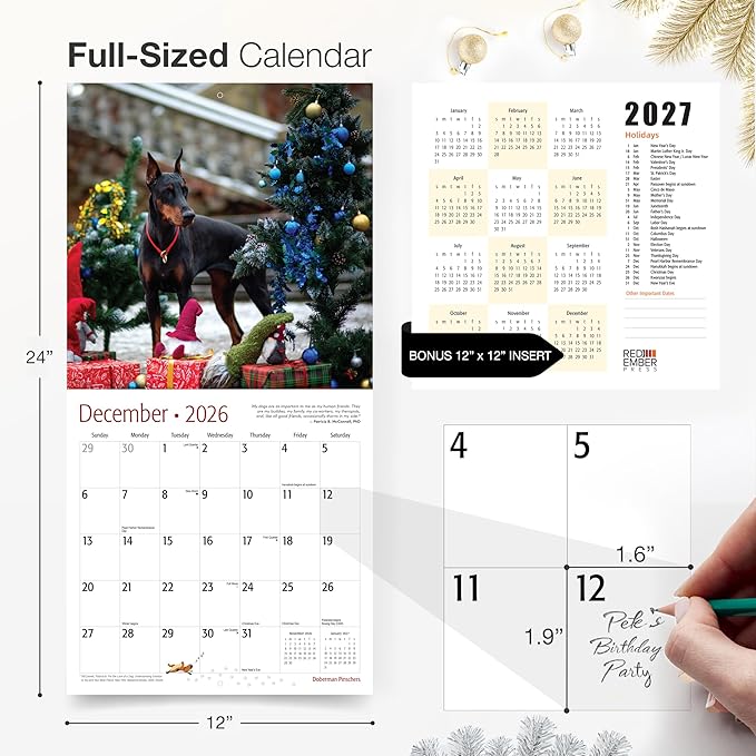 RED EMBER Doberman Pinschers 2026 Wall Calendar 12 Month | 12" x 24" Open | Thick & Sturdy Paper | Holiday Gift | Cute Puppy Dog Calendar 2026
