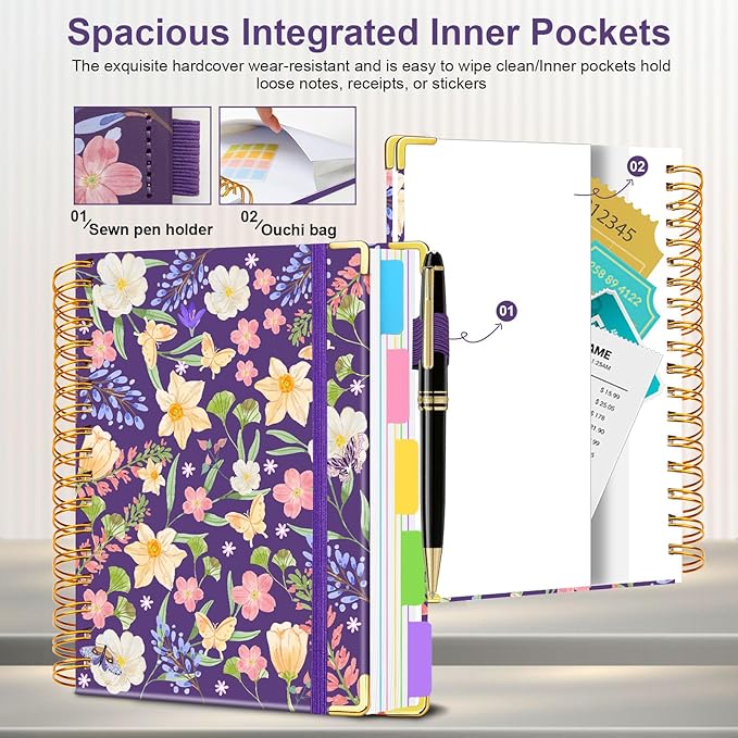 Spiral Journal Notebooks for Work, 300 Pages 5 Subject Notebook College Ruled with Dividers & Tabs, 8''x 10'' Large Notebook Journal for Women Students Note-Taking and Organizer (Purple Floral)