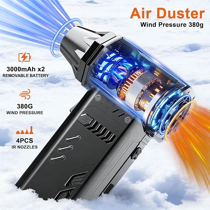 JUFINX Air Duster -250000RPM- Snow Blower, Replaceable Batteries 2pcs,Long Life-mini Blower, 3-Gear Adjustable- Electeic Air Duster for Keyboard,PCs,Outdoors,Snow,Leaves,Car Cleaning (2*Batteries)