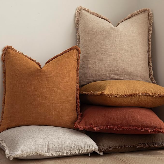 Foindtower Set of 2 Decorative Linen Fringe Throw Pillow Covers Cozy Boho Farmhouse Cushion Cover with Tassels Soft Accent Pillowcase for Couch Sofa Bed Living Room Home Decor, 26×26 Inch, Orange