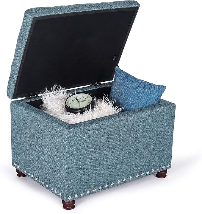 Decent Home 24’’ Rectangular Upholstered Storage Ottoman for Living Room- Fabric Foot Stool with Nail-Head Trim- Chests and Organizers, Load Up to 350 lb, Lake Blue