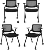 BROBRIYO, 4 Pack Stackable Conference Room Chairs with Wheels and Paddle, Ergonomic Mesh Back and Arms for Meeting, Conference, Reception, Training Room & Home Office Desk Folding Chairs (2 Boxes)