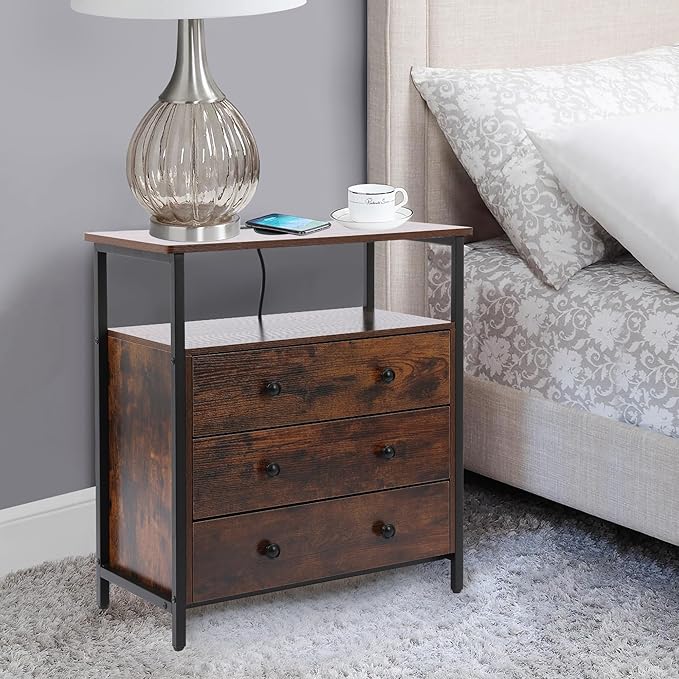 Edbuosy 3 Wooden Drawers Night Stand, 27 Inch Wide Nightstand with Charging Station and Adjustable Drawers, Small Dresser for Closet, Bedside Table for Living Room/Bedroom/Office, Retro Brown.