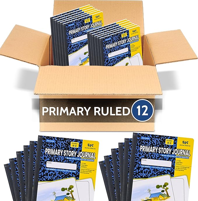 EPI 12 Pack Primary Ruled Composition Notebook Black - 200 Pages (100 Sheets), 9-3/4 x 7-½ - Classroom Back to School Supplies, Heavy Duty, Durable Hardcover Office Notebooks, Sewn