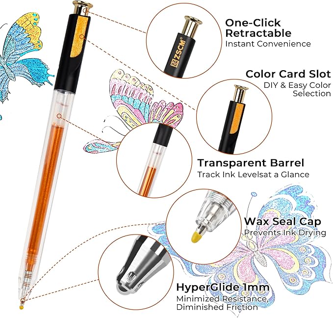 ZSCM Retractable Super Glitter Gel Pens, 12 Colors Large Capacity Metallic Sparkle Gel Ink Pens, 1 mm Fine Point Smooth Writing Color Pen for Adult Coloring Book Note Taking Aesthetic Art Supplies