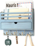 Rebee Vision Rustic Mail Organizer Wall Mounted with Drawer Organizer – Farmhouse Key and Mail Holder for Wall with 7 Key Hooks – Home Essentials for Room Decor Aesthetic (Distressed Blue)