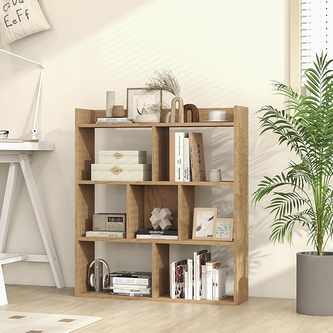 Giantex 7 Cubes Bookshelf, Free-Standing Wooden Bookcase, 4 Tier Home Display Shelf, Horizontal Storage Unit w/Anti-Toppling Devices, Open-Back Display Rack for Study, Living Room (2, Natural)