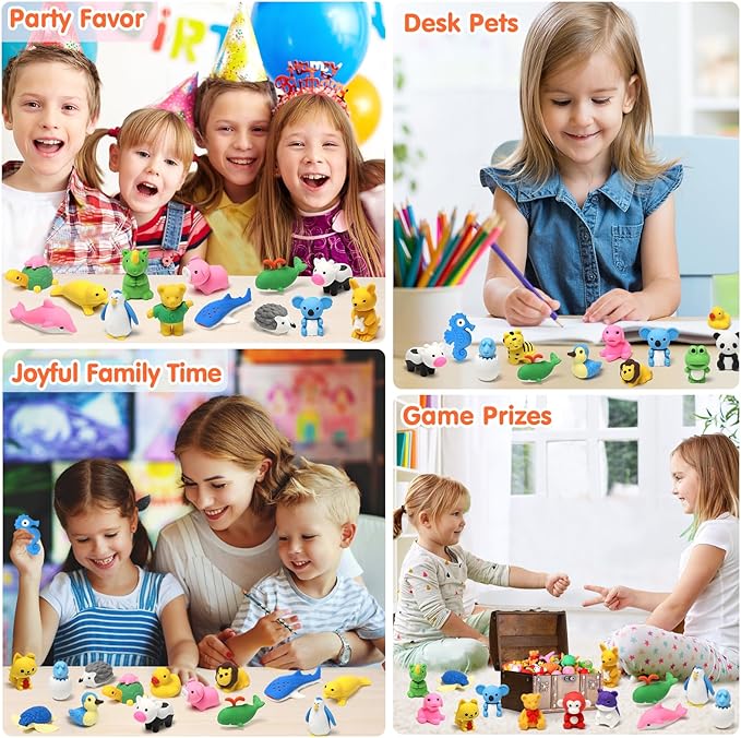 Moosia 150 Pack Animal Pencil Erasers for Kids Bulk Desk Pet Toy 3D Mini Puzzle Erasers Take Apart Erasers Treasure Box Toys Game Prize Party Favors Gift Classroom Prize Reward Back to School Supplies
