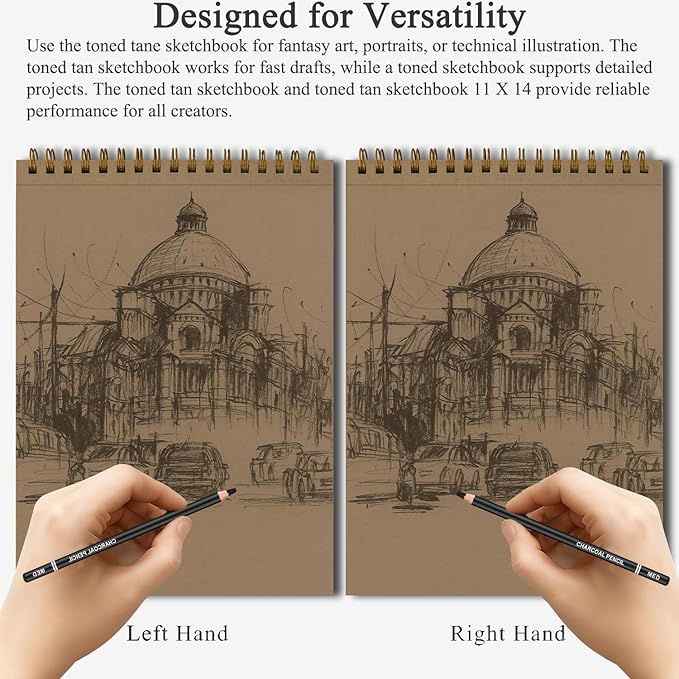 Fuxi Toned Tan Sketchbook 11x14 Inch, 60 Sheets, Spiral Bound - Hard Cover, Acid-Free Drawing Paper Pad for Artists, Drawing, Illustration & Art Students.