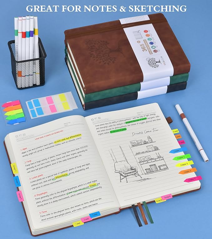 PERCUN B5 Lined Journal Notebook - 365 Page Large Leather Journals for Writing Women Men，Hardcover Notebook with 100Gsm Thick Pages，Daily Diary for Travel, Work，School，College Ruled (7.6" x 10.3")