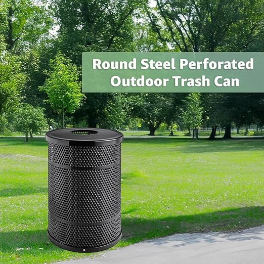 Zedfire 55 Gallon Perforated Waste Bin with Flat Lid, Steel Outdoor Heavy-Duty Commercial Trash Can, Round Recycle Container, Durable Garbage Can for Parks, Municipalities, Parking, Schools