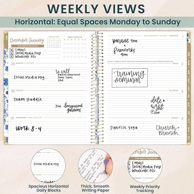 bloom daily planners HARDCOVER 2026 Planner (January to December) - 8.5” x 11” Weekly & Monthly Dated Agenda Organizer Book with Stickers & Tabs - Blue & White Floral