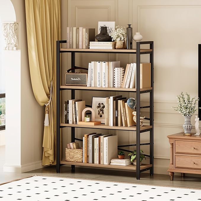 4 Tier Bookshelf 31.49" Width, Tall Book Shelf Storage and Organization, Wooden and Metal Industrial Bookcase, Large Book Shelves for Home Living Room Bedroom Office Storage(Light Coffee)