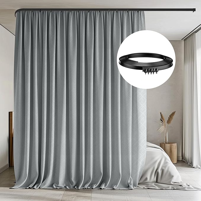 MaKefeile Room Divider Curtains with Flexible Ceiling Tracks Set,Blackout Curtain Ceiling Mount Curtain Track Privacy Room Dividers Ceiling Track Curtain Rod(Grey Drape & Black Rail W 100 × H 96 in)