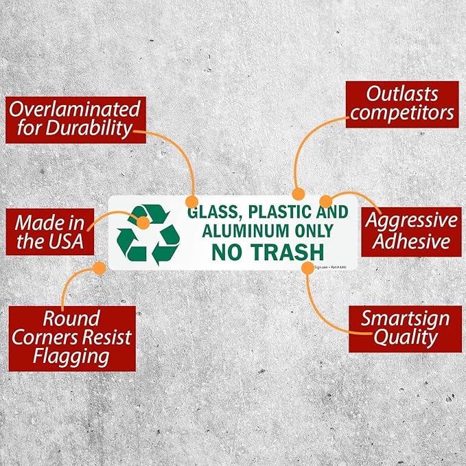 SmartSign Glass, Plastic and Aluminum Only No Trash Pack of 5 Recycle Labels | 3" x 10" Laminated Vinyl, Made in USA