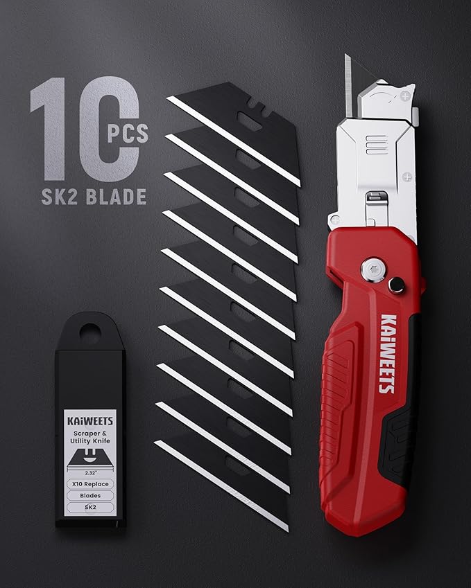 KAIWEETS Utility Knife Scraper, 2-in-1 Folding Box Cutter with Blade Storage, Heavy Duty Zinc Alloy Body, Retractable Design, 12pcs SK2 Black Blades replacement, EDC Tool for Home, Office, DIY– Red