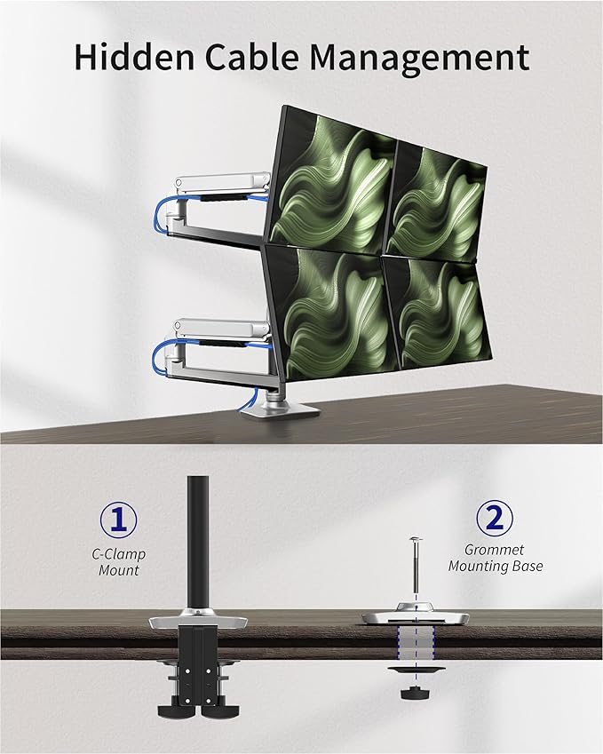 Ergounion Quad Monitor Mount, Holds Screens up to 40 Inches and 25 lbs, Fully Adjustable 4 Monitor Mount with C-Clamp and Grommet Base, Aluminum, Silver