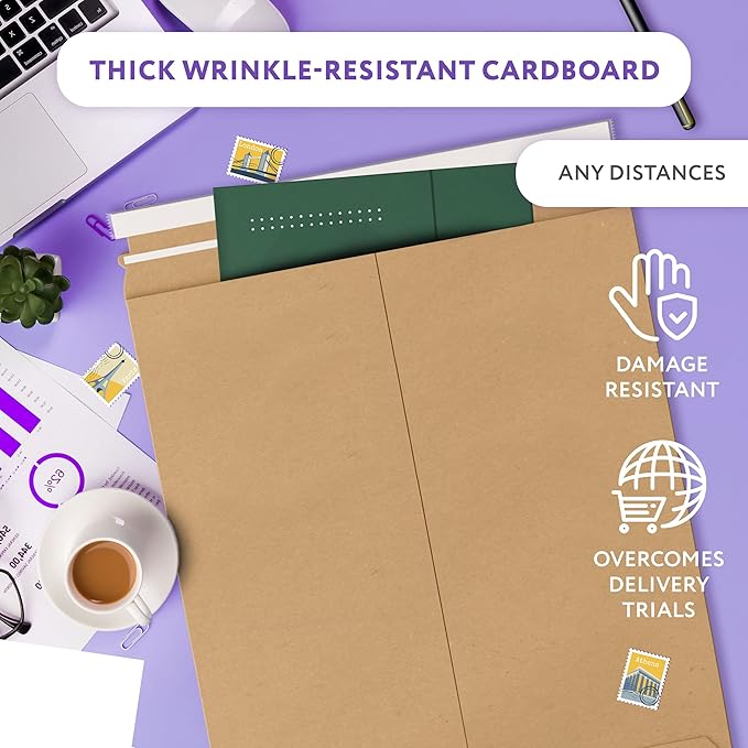 APQ Supply Natural Brown Rigid Mailers, 13 x 18 Inch. Pack of 5 Cardboard Envelopes for Photos, Documents. Sturdy Stay Flat Mailers with Self-Seal Closure. Hard Rigid Shipping Envelopes