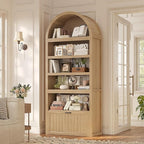 81" Tall Arched Cabinets,Bookcase with Drawer storage,Mid-Century Modern 5-Tier Bookshelf,2 Book Risers and Adjustable Shelves offering more storage space for Living Room,Kitchen,Home Office,Oak