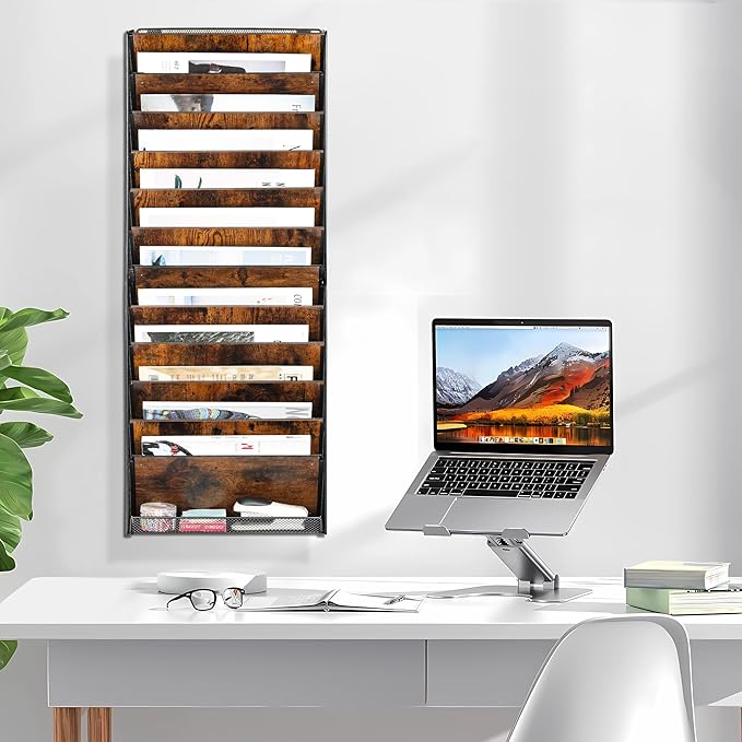 Solinxe 12-Tier Wall File Organizer, Wood Mail Organizer Wall Mounted Paper Document Magazine Holder, Hanging Clipboard Storage Basket with Tray for Office Home School Organization, Black/Antique