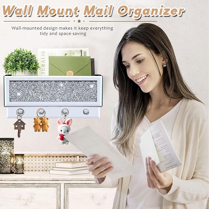 WALTSOM Crushed Diamond Key and Mail Holder for Wall, Crystal Mail Organizer Wall Mount, Mirror Mail and Key Holder Wall Mount for Entryway and Home Decor