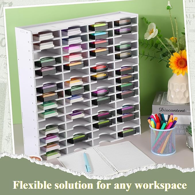 Sunnychicc 2 Pack 60 Grids Ink Pad Storage Holder Stamp Organizer, Ink Pad Stamp Holder Storage Rack for Home Office Crafts School Supplies, White