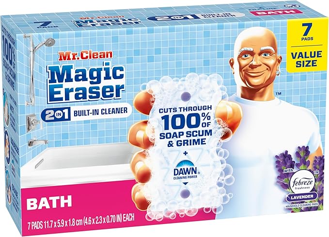 Mr. Clean Magic Eraser Sponge, Bathroom Cleaner, Shower Cleaner, Tub Cleaner, Soap Scum Remover, Bathroom Cleaning Supplies, Dawn Cleaning Power with Febreze Lavender Scent, 2 in 1 Bath, 7ct