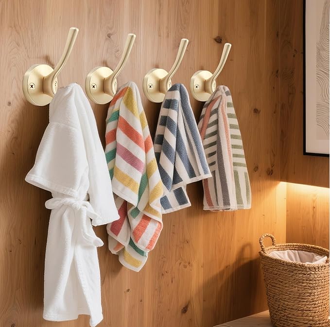 TOFIIGREM Gold Hat and Coat Hooks, 4 Pack Heavy Duty Coat Robe Hook, Metal Double Backpack Hook Wall Mounted, Towel Hooks for Bathroom Entryway Cubicle Closet Garage