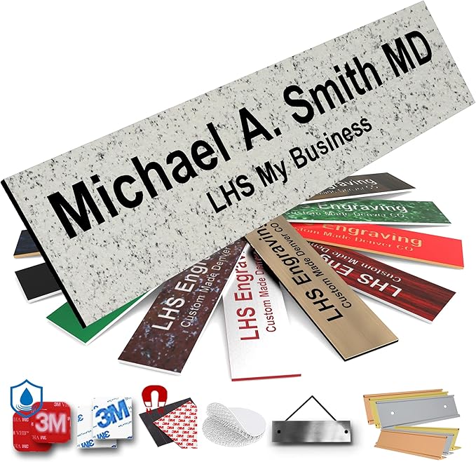 Door Name Plate Personalized for Office Stone Granite Plastic Name Plate Black Letters - Made in USA 2x12 S3