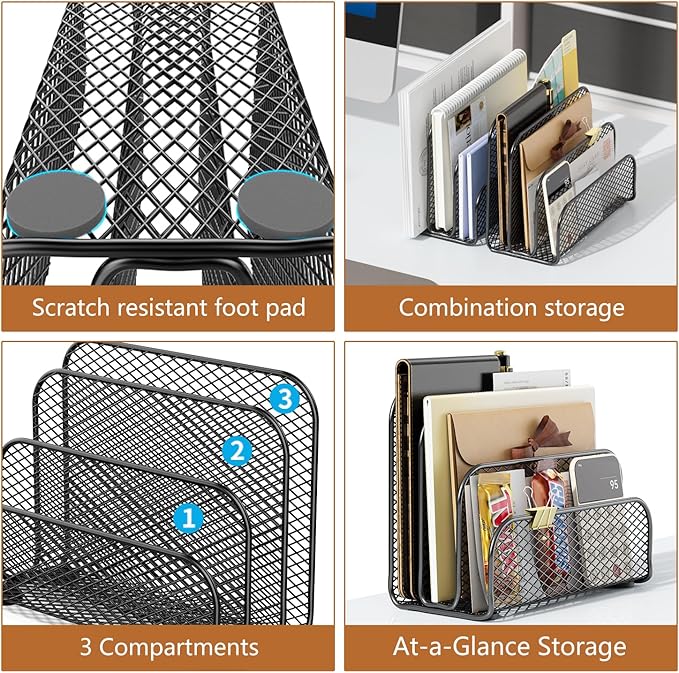 gianotter Mail Organizer Countertop, Metal File Holder with 3-Slot, Bill Organizer for Office Receipts and Letter Paper Storage (Black)