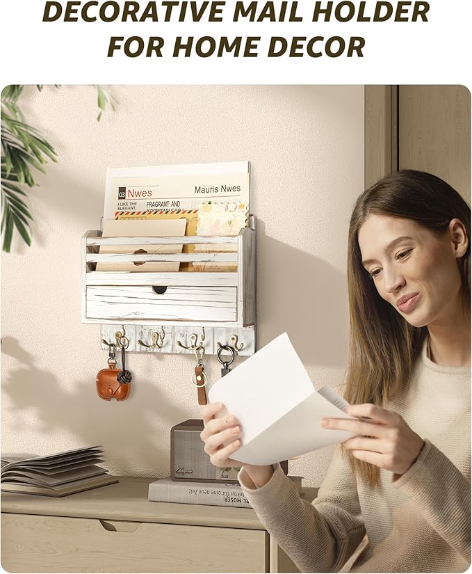 Rebee Vision Farmhouse Mail Organizer Wall Mounted – Rustic Key and Mail Holder for Wall with Drawer Organizer and 7 Key Hooks – Home Organization for Home Decor (Whitewash)