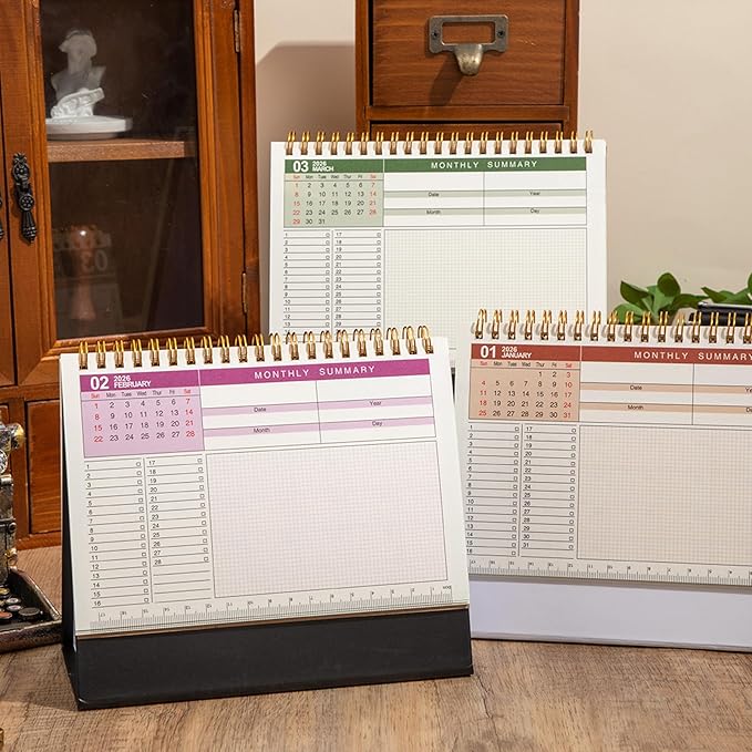 Small Desk Calendar 2026, Standing Flip Desktop Calendar from January 2026 to June 2027 - Metal Ring Twin-Wire Binding Monthly Desktop Calendar for Home Office School (Black)